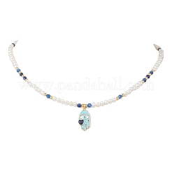 Brass Enamel Hamsa Hand Pendant Natural Kyanite & Pearl Beaded Necklaces&nbsp;NJEW-JN05495