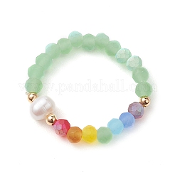Natural Cultured Freshwater Pearl and Imitation Jade Glass Stretch Finger Rings&nbsp;RJEW-JR00674
