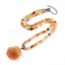 Natural Topaz Jade 4.5mm Round Beaded Flower Pendant Necklaces&nbsp;NJEW-T016-04N