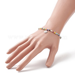 Colorful Seed Beaded Stretch Bracelet with Brass Charms for Women&nbsp;BJEW-JB09218-02