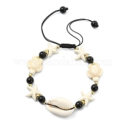 2Pcs Natural Cowrie Shell & Black Tourmaline & Malaysia Jade Beads & Synthetic Turquoise Beaded Adjustable Bracelets Set for Women&nbsp;BJEW-JB13917