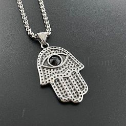 Retro Punk Style 304 Stainless Steel Jet Rhinestone Hamsa Hand Pendant Necklaces for Hip-hop Fashion Men&nbsp;JT3718