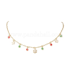 Christmas Brass Pave Clear Cubic Zirconia Snowflake & 304 Stainless Steel Star and Round Glass Tassel Brass Paperclip Chain Bib Necklaces&nbsp;NJEW-JN05504