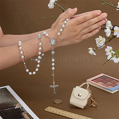 1Pc Jesus Cross Virgin Zinc Alloy Pendant White Glass Pearl Round Rosary Bead Necklaces for Women Men&nbsp;NJEW-FG0001-22