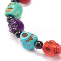 Natural Mashan Jade Skull & Synthetic Turquoise(Dyed) Beaded Stretch Bracelet&nbsp;BJEW-JB08377-05
