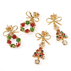 2 Pairs 2 Styles Bowknot with Wreath & Christmas Tree Alloy GLass Dangle Stud Earrings&nbsp;EJEW-TA00699