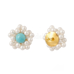 Synthetic Green Turquoise & Shell Pearl Braided Flower Stud Earrings&nbsp;EJEW-TA00161