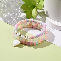 3Pcs 3 Style Natural Colorful Green Jade & Acrylic Word Love Beaded Stretch Bracelets Set with Alloy Enamel Heart Charms&nbsp;BJEW-JB08924-01