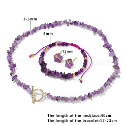 Naturl Amethyst Chip with 304 Stainless Steel Beaded Necklace & Braided Bead Bracelet & Star Stud Earring&nbsp;FS-WG0BBF5-01