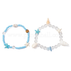 2Pcs Glass Seed and Natural Sea Shell & Aquamarine Stretch & Synthetical Turquoise Beads Bracelets for Women&nbsp;BJEW-TA00708