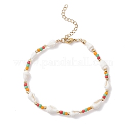 Natural Shell & Glass Seed Beads & 304 Stainless Steel Beaded Anklets for Women&nbsp;AJEW-TA00056