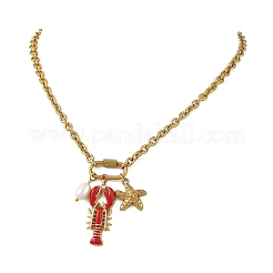 Ocean Brass Enamel Red Lobster Pendants 304 Stainless Steel Cable Chain Necklaces for Women&nbsp;NJEW-JN06483-01