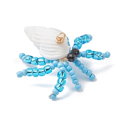 Faceted Round Natural Black Spinel & Natural Trumpet Shell & Glass Seed Beaded Crab Pendants&nbsp;PALLOY-MZ01177-03