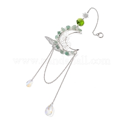 Natural Green Aventurine Chips & Brass Moon & 304 Stainless Steel Butterfly Suncatcher&nbsp;HJEW-TA00449-01