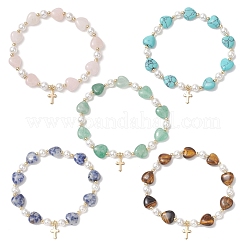 Natural & Synthetic Gemstone Heart & Shell Pearl Beads Stretch Bracelets&nbsp;BJEW-JB13413