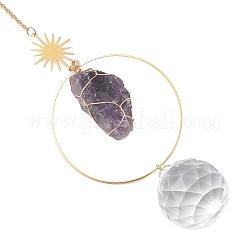3Pcs Nuggets Natural Amethyst & Fluorite & Rose Quartz & Glass Round Hanging Suncatchers&nbsp;HJEW-JM04660