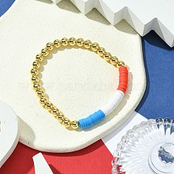 Independence Day 6mm Round Brass & Handmade Polymer Clay Beaded Stretch Bracelets for Women&nbsp;BJEW-JB10590