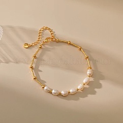 Elegant Natural Freshwater Pearl & Brass Beaded Bracelets for Women, Real 18K Gold Plated, Inner Diameter: 6-3/4 inch(17cm)