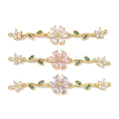 Brass Pave Cubic Zirconia Connector Charms, Flower Links, for Hair Accessories Making, Real 18K Gold Plated, Mixed Color, 60x12x3mm, Hole: 0.8mm