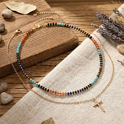 Stainless Steel Religion Cross Pendant Colorful Natural Mixed Gemstone Rondelle Beaded Double Layer Necklaces for Women&nbsp;TF5926