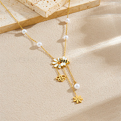 304 Stainless Steel White and Yellow Enamel with Plastic Pearl Bee Flower Tassel Pendant Necklaces for Women&nbsp;FS-WGCFE06-01