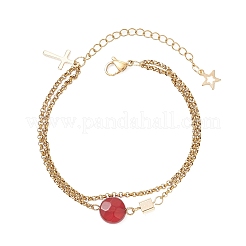 Natural Red Agate Faceted Flat Round with Brass Cube Link Bracelets&nbsp;BJEW-JB13481