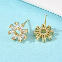 Flower Brass Micro Pave Clear Cubic Zirconia Stud Earrings&nbsp;EJEW-F400-01C-G