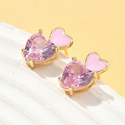 Heart Brass Cubic Zirconia Stud Earrings&nbsp;EJEW-A132-05G