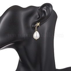 Brass Naturl Shell Pearl Star with Teardrop Dangle Stud Earrings&nbsp;EJEW-JE06742