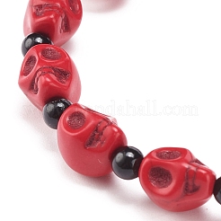 Natural Mashan Jade Skull Beaded Stretch Bracelet with Synthetic Turquoise(Dyed) Cross Charm&nbsp;BJEW-JB08378-02