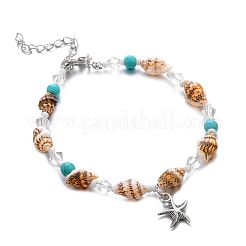 Bohemian Style Natural Shell & Synthetic Turquoise Beaded Anklets Alloy Starfish Charm Anklets for Summer Beach&nbsp;WG85091-01