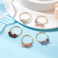 Copper Wire Wrapped Natural Green Aventurine & Rose Quartz & Tiger Eye & Amethyst & Carnelian Chips Finger Rings for Women&nbsp;RJEW-JR00773