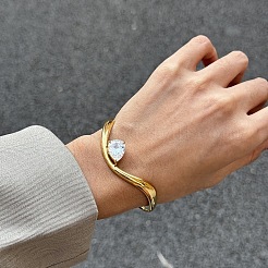 304 Stainless Steel Pave Clear Cubic Zirconia Teardrop Wavy Open Cuff Bangles for Women&nbsp;AI4887