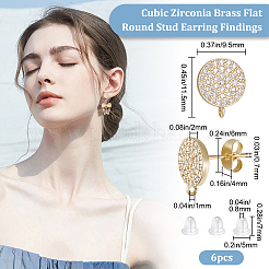 4 Pairs Brass Micro Pave Cubic Zirconia Flat Round Stud Earring Findings&nbsp;ZIRC-BBC0001-96
