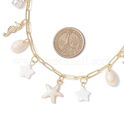 Alloy Enamel Starfish Sea Horse & Natural Shell Pendant Brass Paperclip Chain Necklaces for Women&nbsp;NJEW-JN05405-03