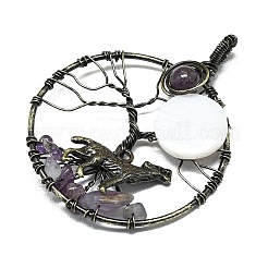Natural Amethyst and White Shell Copper Wire Wrapped Big Pendants&nbsp;G-K404-01AB