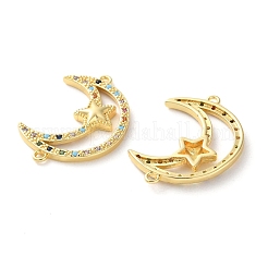 Rack Plating Brass Colorful Cubic Zirconia Moon Star Connector Charms&nbsp;KK-C084-21G
