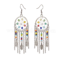 Alloy Woven Net/Web with Feather Chandelier Earrings with Glass Beaded&nbsp;EJEW-TA00159