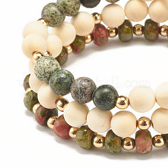 3Pcs 3 Style Natural Unakite & Wood  & Green Zebra Jasper Beaded Stretch Bracelets Set&nbsp;BJEW-JB07831