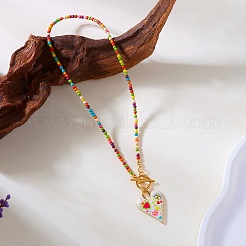 Bohemian Zinc Alloy Enamel Heart Pendant Glass Seed Beaded Nacklaces with OT Clasps for Women&nbsp;WGD622F-01