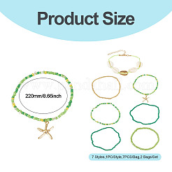 2 Bags Summer Beach Glass Seed Beaded & Natural Shell & Alloy Starfish Charm Anklet Sets&nbsp;AJEW-TA0003-69E