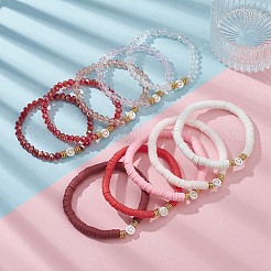 10Pcs Polymer Clay Disc & Glass & Brass Beaded Stretch Bracelets Set&nbsp;BJEW-JB09676-02