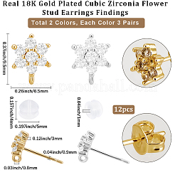 6 Pairs 2 Colors Brass Micro Pave Cubic Zirconia Stud Earring Findings&nbsp;ZIRC-BBC0003-24A