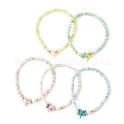 Ocean Starfish Dyed Synthetic Turquoise Ombre Effect Dyed Glass Beaded Stretch Bracelets with Shell Pearl&nbsp;BJEW-JB14344