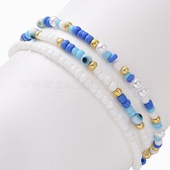 3Pcs 3 Style Glass Seed & ABS Plastic Pearl & Evil Eye Beaded Stretch Bracelets Set&nbsp;BJEW-JB09358