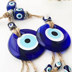 Flat Round with Evil Eye Glass Tassel Pendant Decorations&nbsp;EVIL-PW0002-17