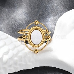 Oval 304 Stainless Steel White Shell Finger Rings for Women&nbsp;RJEW-G346-09G-02