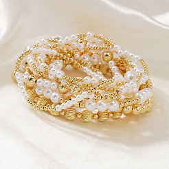 Brass and Imitation Pearl Round Beaded Stretch Bracelet Sets&nbsp;LM1337