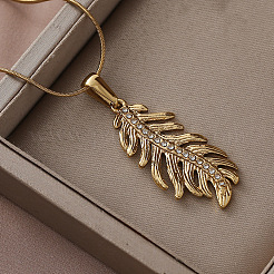 304 Stainless Steel Crystal Rhinestone Leaf Pendant Necklace for Women&nbsp;EA5078