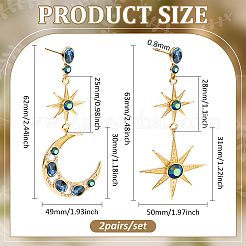 2 Pairs Aquamarine AB Rhinestone Moon & Star Dangle Stud Earrings&nbsp;EJEW-HY0001-32
